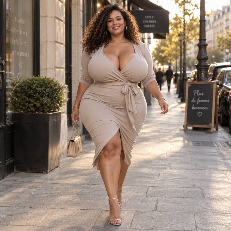 Elle rayonnante et affirmée traversant une rue de ville, démarche sûre, regard confiant, fin d'après-midi dorée. Illustration de l'article sur la rencontre avec des femmes rondes