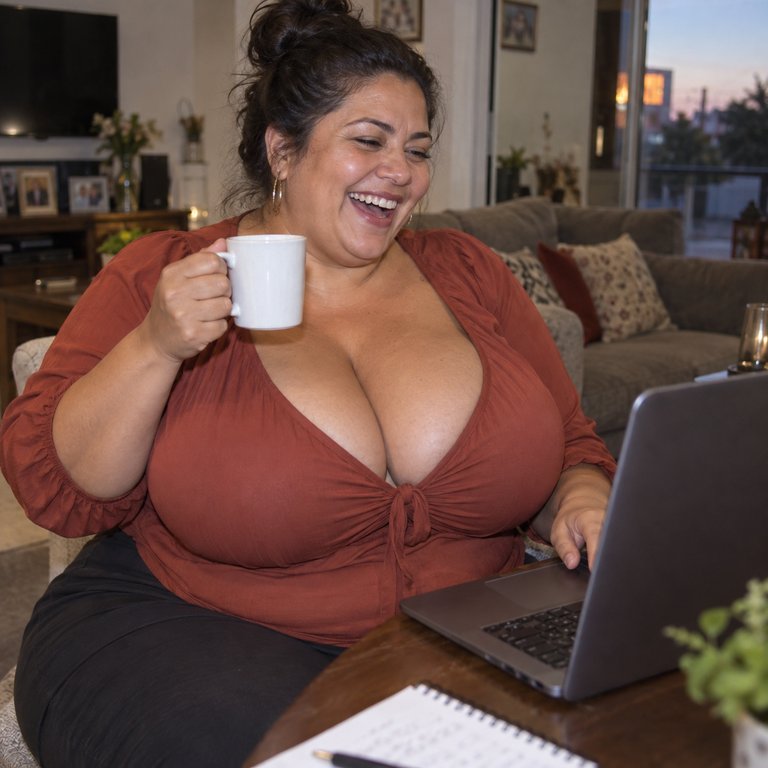 Femme curvy souriante relisant sa conversation sur son téléphone dans son salon en fin de journée. Illustration de l’article sur le deuxième rendez-vous