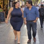 Couple se tenant la main dans une rue de ville, femme riant aux côtés d’un homme. Illustration de l’article sur la vie de couple avec une femme voluptueuse