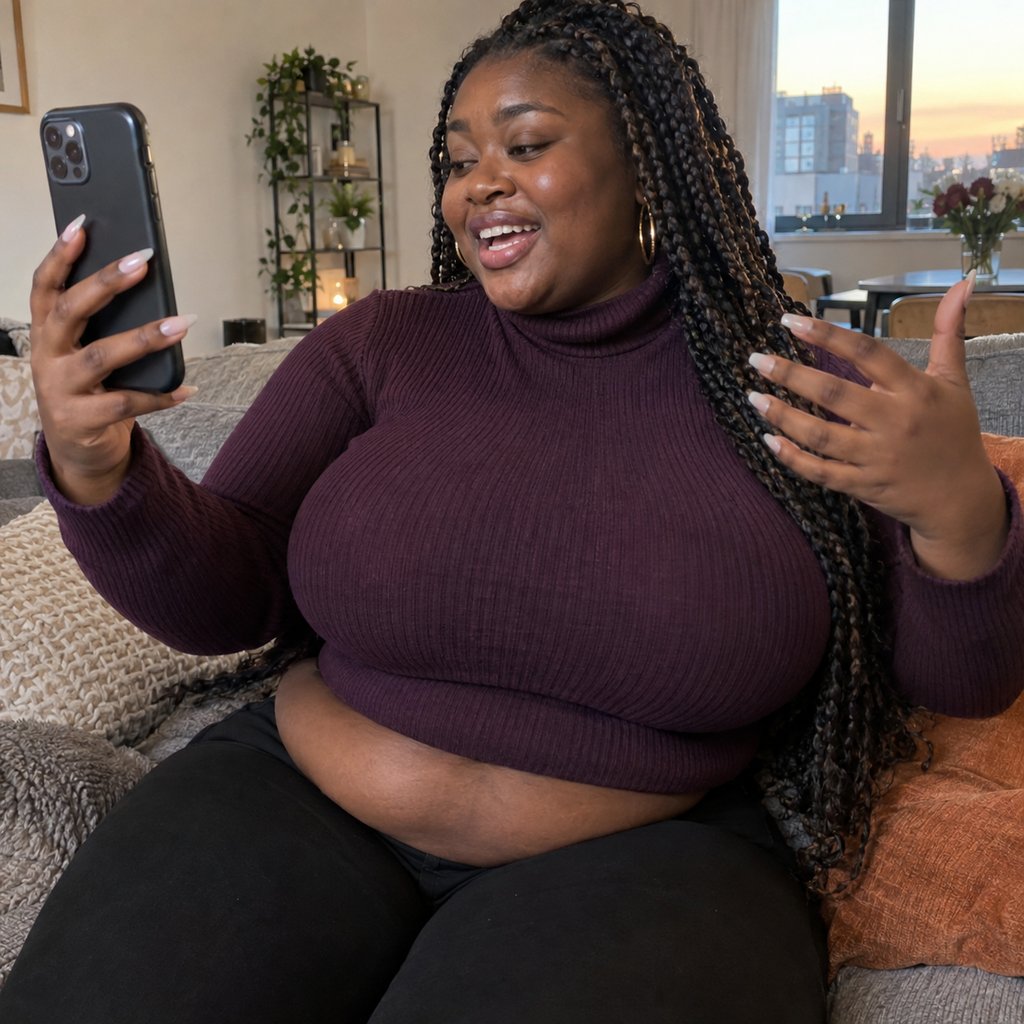 Femme en visioconférence depuis son canapé, discutant avec enthousiasme. Illustration de l’appel qui rapproche avant le rendez-vous