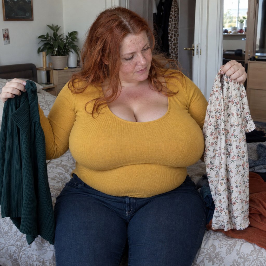 Femme comparant deux hauts posés sur son lit avant de sortir. Illustration du choix de tenue quand on hésite