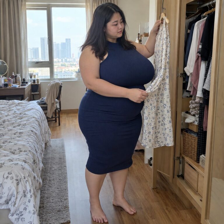 Femme choisissant une tenue devant sa penderie avant un rendez-vous. Illustration de l’article sur la tenue de premier rendez-vous en grande taille