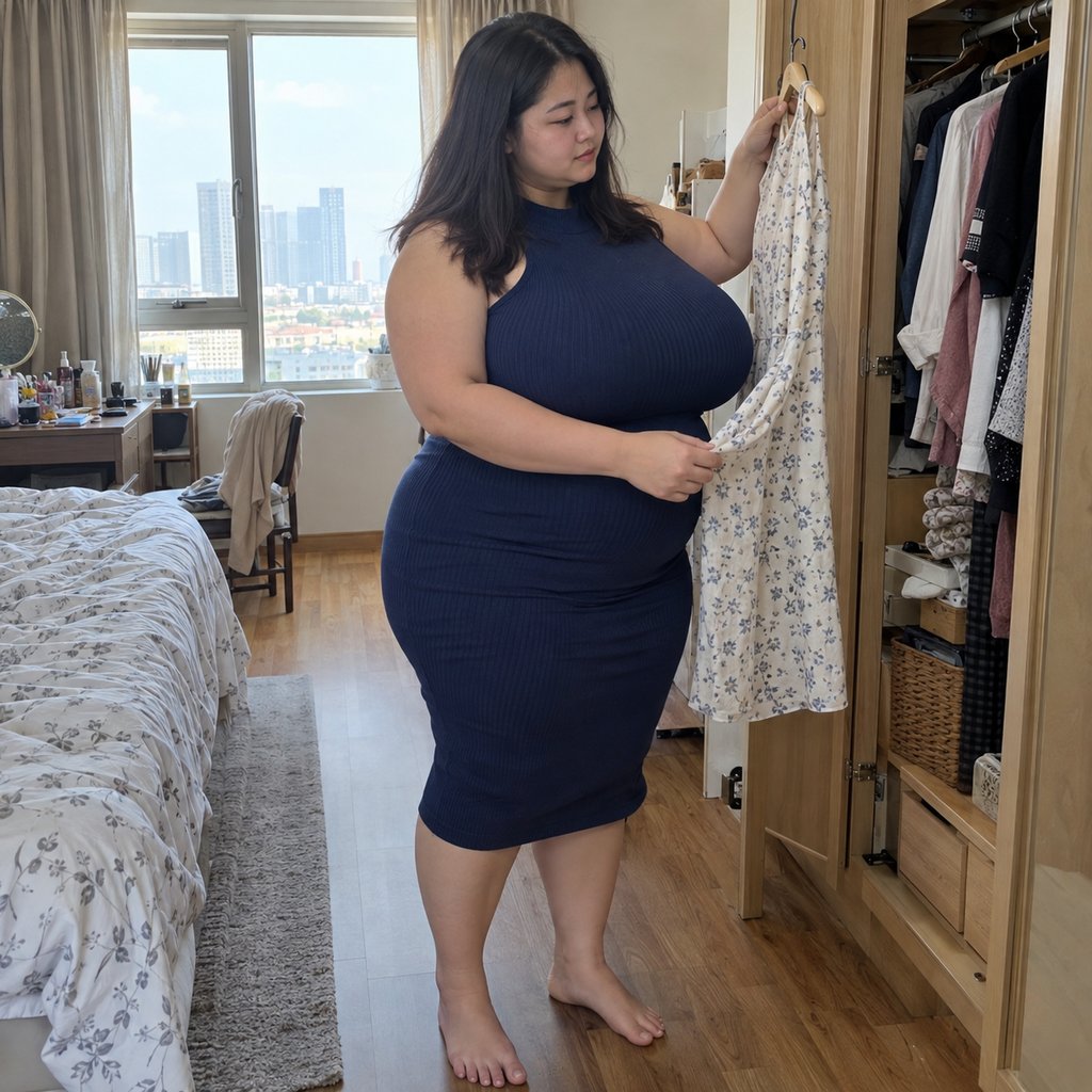 Femme choisissant une tenue devant sa penderie avant un rendez-vous. Illustration de l’article sur la tenue de premier rendez-vous en grande taille