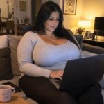 Une femme ronde examine un site de rencontre sur son ordinateur portable dans son salon, expression attentive. Illustration de l’article sur le choix d un site de rencontre BBW