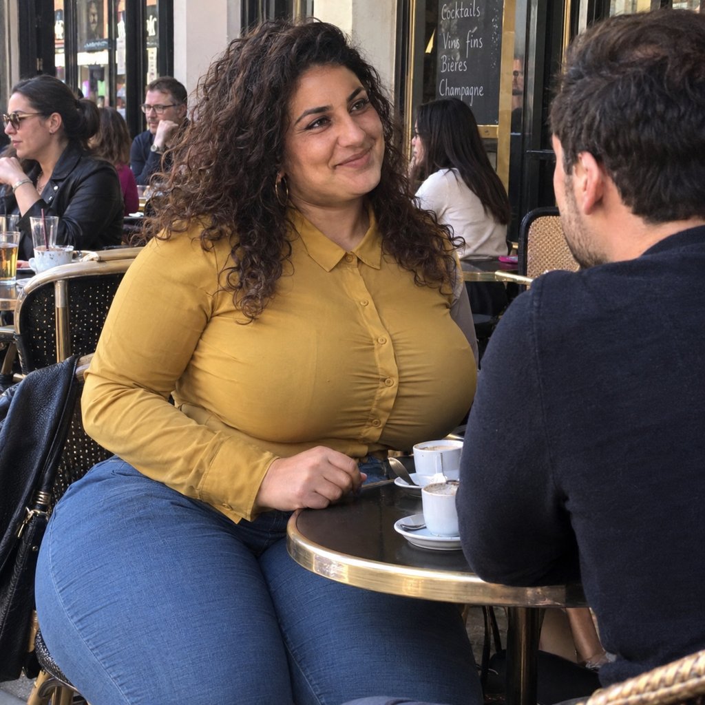 Un homme et une femme pulpeuse rient ensemble à la terrasse d’un café lors de leur premier rendez-vous. Illustration de l’article sur les sujets de conversation qui créent la complicité