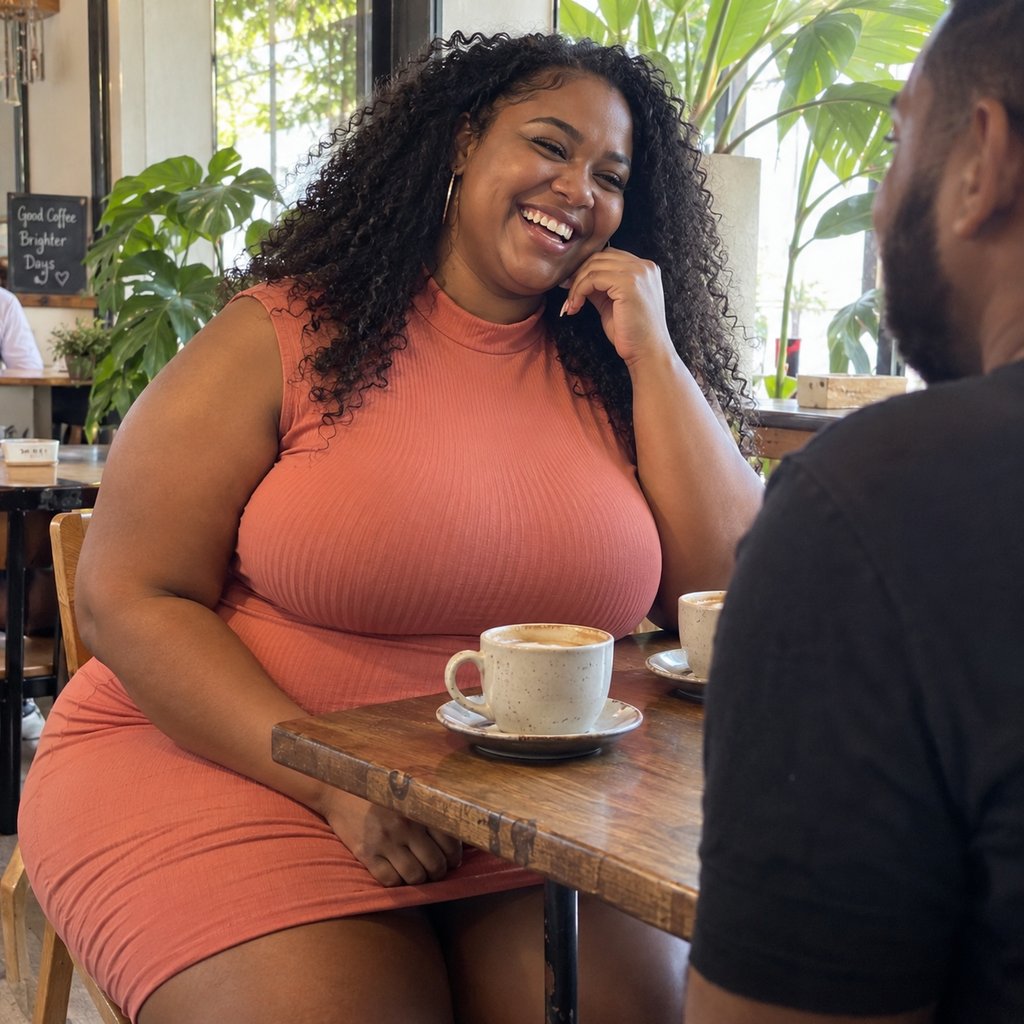Une femme pulpeuse éclate de rire à la table d’un café en écoutant son interlocuteur. Illustration des questions qui font rire au premier rendez-vous