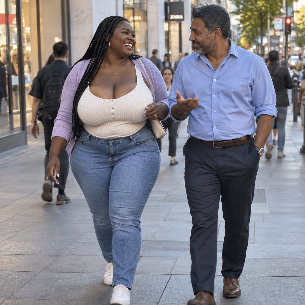 Une femme marche côte à côte avec un homme dans une rue animée en éclatant de rire. Illustration d’un premier rendez-vous réussi grâce à la complicité