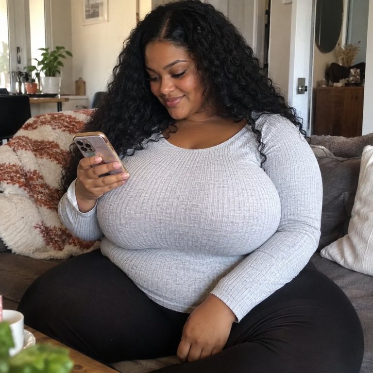 Femme lisant un message avec attention dans son canape. Illustration de ce qu'une femme BBW attend d'un homme sur les sites de rencontre