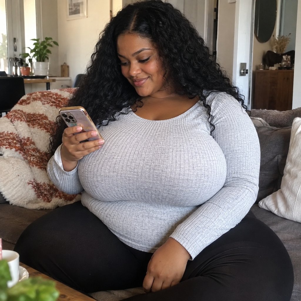 Femme lisant un message avec attention dans son canape. Illustration de ce qu'une femme BBW attend d'un homme sur les sites de rencontre
