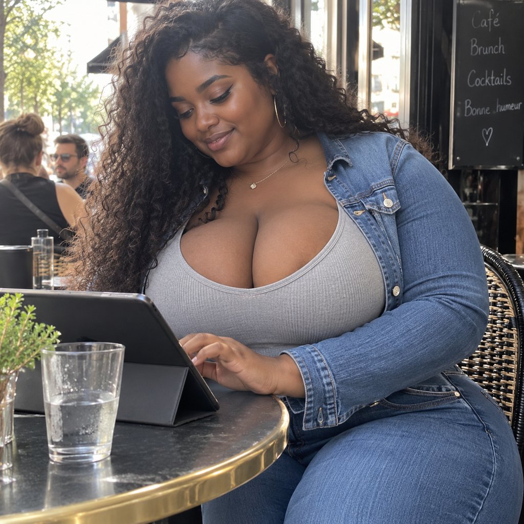 Une femme ronde complète son profil sur une tablette en terrasse de café. Illustration de l’article sur les exemples de profils de site de rencontre