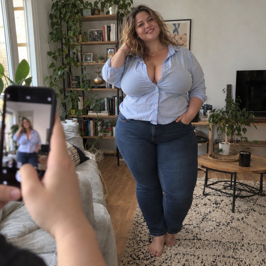 Une femme ronde sourit chez elle pendant que son amie la photographie avec un smartphone. Illustration de l’article sur les exemples de profils de site de rencontre