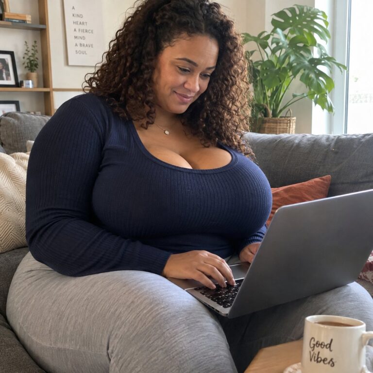 Une femme ronde rédige son profil de rencontre sur son ordinateur portable dans son salon, sourire concentré. Illustration de l’article sur les exemples de profils de site de rencontre