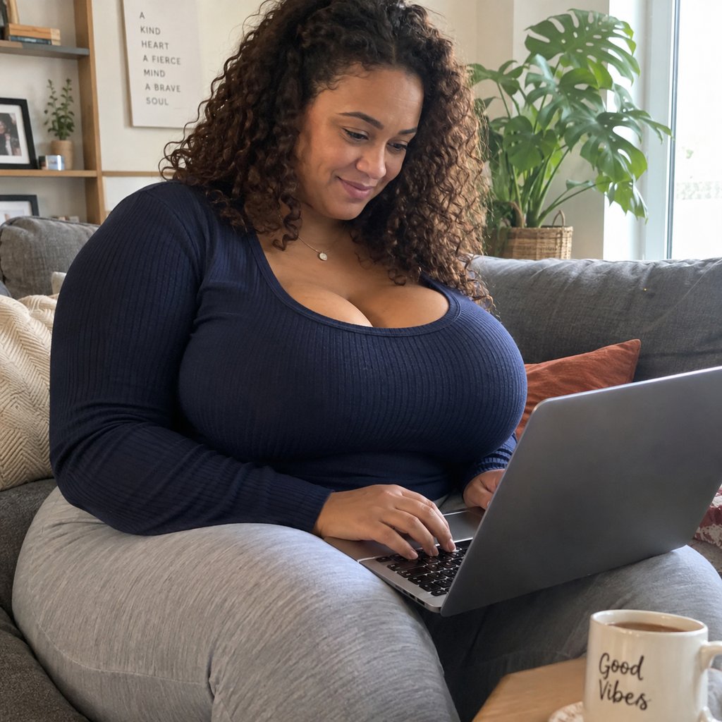 Une femme ronde rédige son profil de rencontre sur son ordinateur portable dans son salon, sourire concentré. Illustration de l’article sur les exemples de profils de site de rencontre