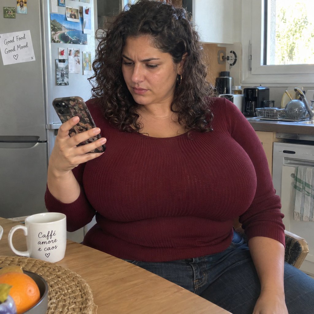 Une femme ronde fait défiler ses photos sur son téléphone pour choisir celles de son profil de rencontre. Illustration de l’article sur les photos de profil
