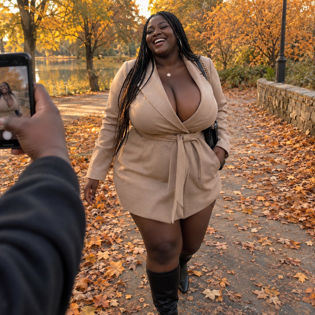Une femme ronde photographiée par un ami dans un parc automnal, éclat de rire naturel. Illustration de l’article sur les photos de profil