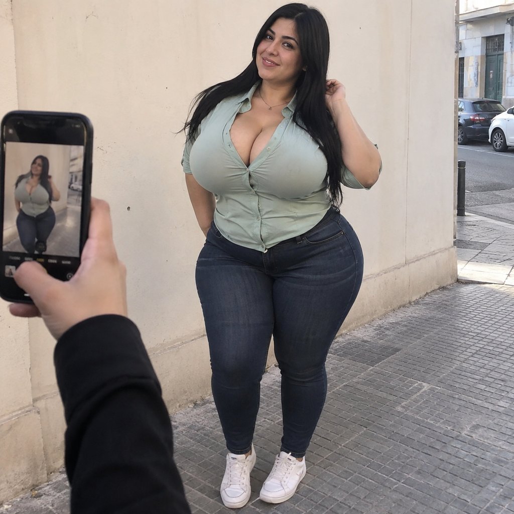 Une femme ronde photographiée par une amie devant un mur clair, main tenant le smartphone visible. Illustration de l’article sur les photos de profil
