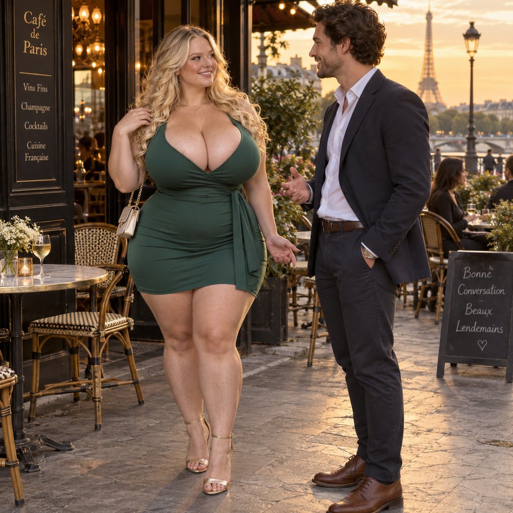 Un homme et elle se rencontrant et discutant en terrasse de café parisien, gestes ouverts, sourires sincères, fin de journée dorée. Illustration de l’article sur la rencontre avec des femmes rondes