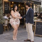 Un homme et elle se saluant chaleureusement devant un café parisien, premier rendez-vous, terrasse animée. Illustration de l'article sur la rencontre avec des femmes rondes