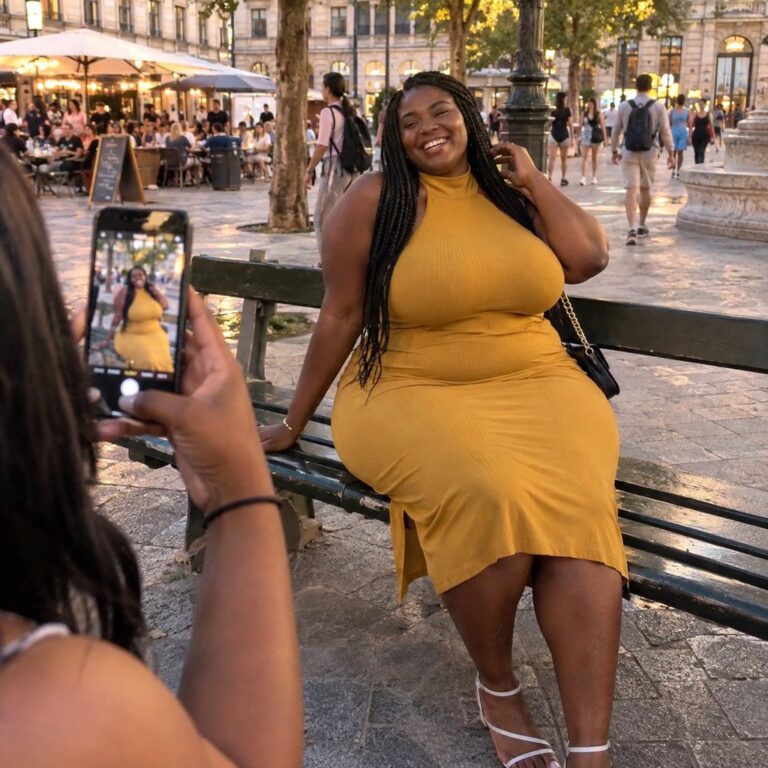 Une femme ronde rit sur un banc d’une place de ville pendant que son amie la photographie. Illustration de l’article sur les mythes sur les femmes rondes