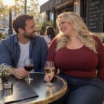Un homme et une femme ronde rient ensemble à la terrasse d’un bistrot parisien lors de leur rendez-vous. Illustration de l’article sur le premier rendez-vous au restaurant à Paris