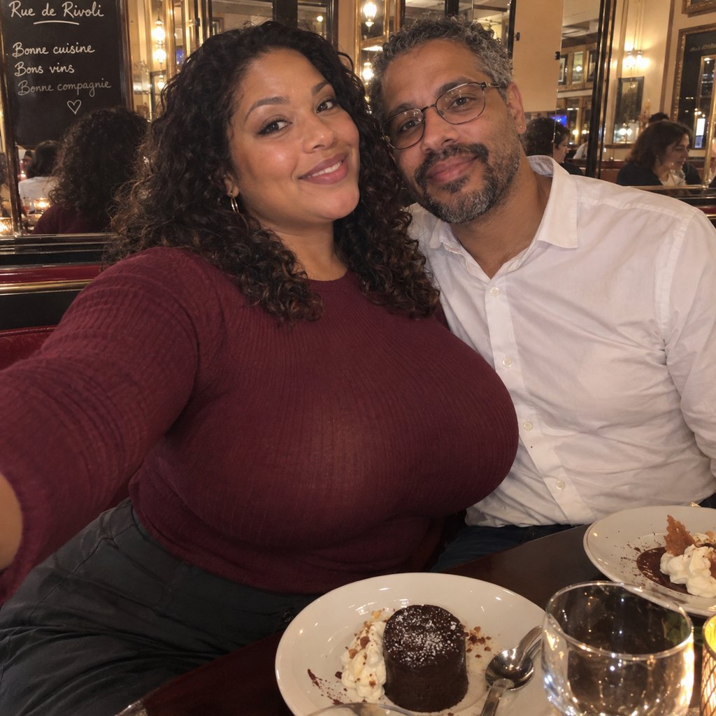 Un homme et une femme ronde prennent un selfie de couple à la table d’un bistrot parisien, desserts posés. Illustration de l’article sur le premier rendez-vous au restaurant à Paris